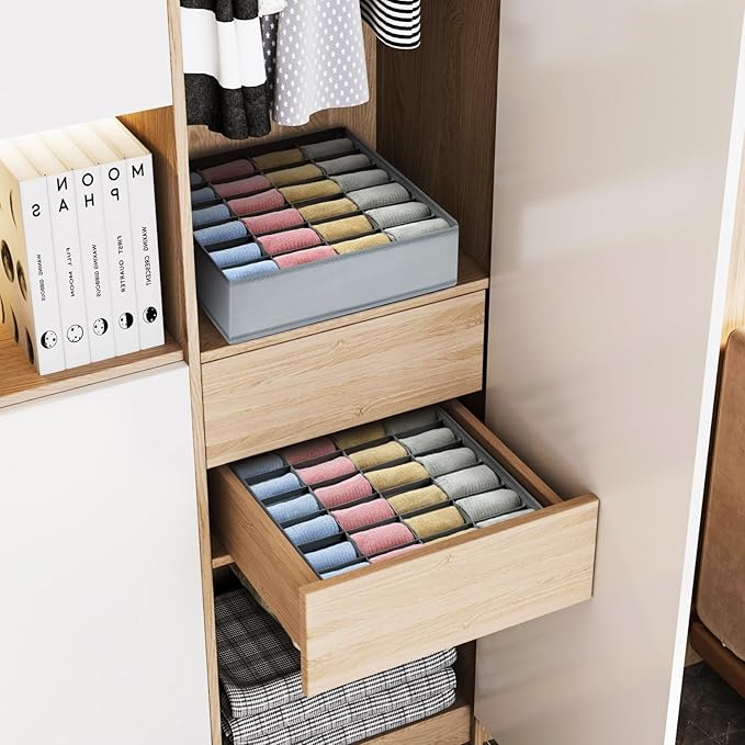 Joyoldelf Sock Drawer Organizer Divider Underwear Organizer 24-cell Fabric Dresser Drawer Organizers Storage Boxes for Socks Lingerie, Handkerchiefs, Ties 4 Pack (Grey)