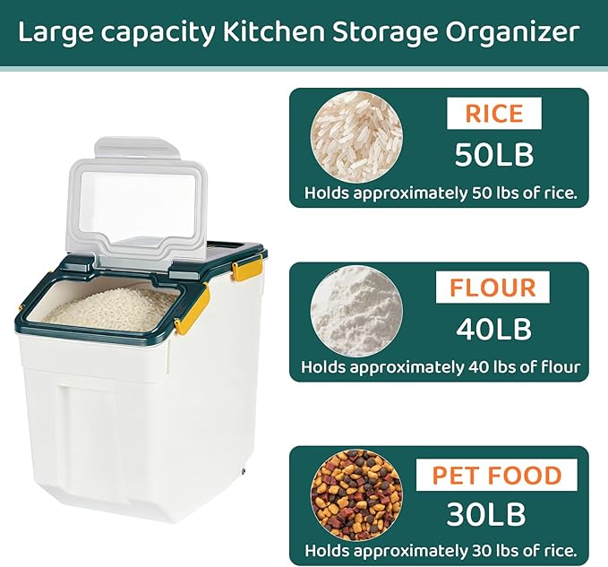 PENCK Rice Storage Container 50 lbs Large Household Flour Sugar Containers Airtight Grain Cereal Dispenser with Wheels, Locking Lid & Measuring Cup for Kitchen Pantry Organization, 2 Pack(Blue)