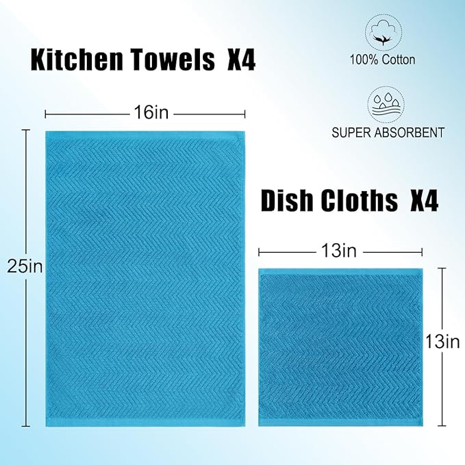 100% Cotton Kitchen Towels and Dishcloths Set, Pack of 8 Super Absorbent 16" x 25" Kitchen Towels and 13" x 13" Dish Cloths (400 GSM)