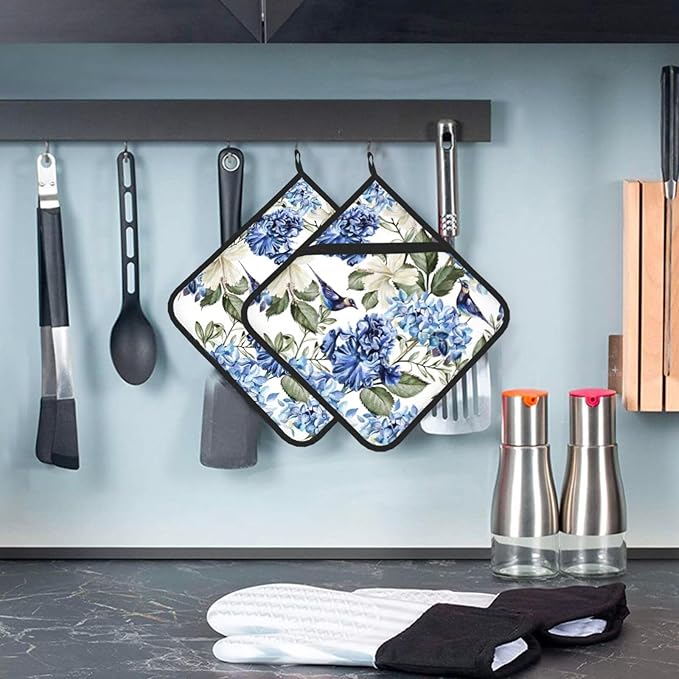 Blue Hydrangea Flowers Bird Pot Holder Set of 2,Heat Resistant Potholders Oven Hot Pads for Kitchen Cooking Baking BBQ