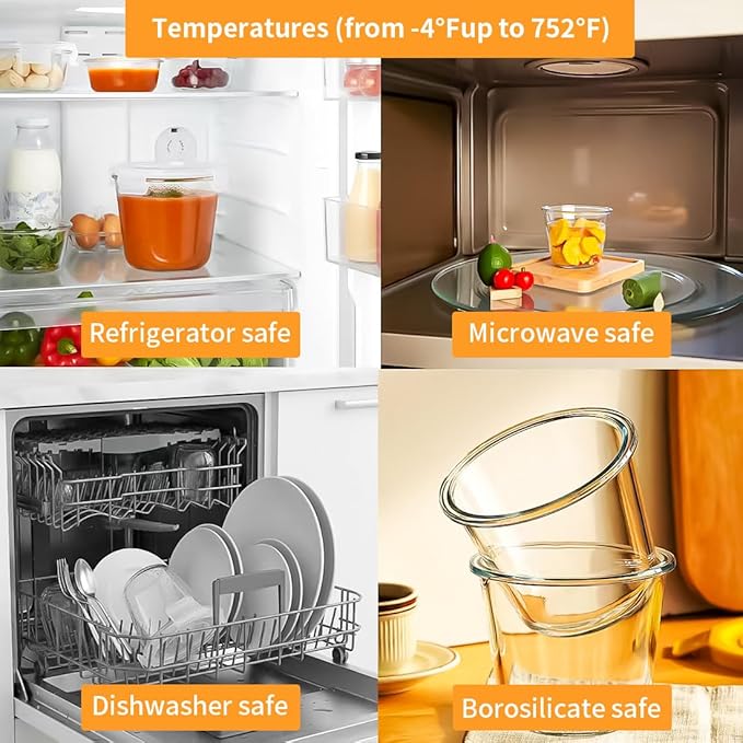 H.JSS WDJS 24 Oz Round Glass Food Storage Container set, 3 Cup Round Glass Soup Container with Airtight Lids BPA free, Borosilicate Storage Bowls, Dishwasher Microwave Freezer Safe (2 Pack)