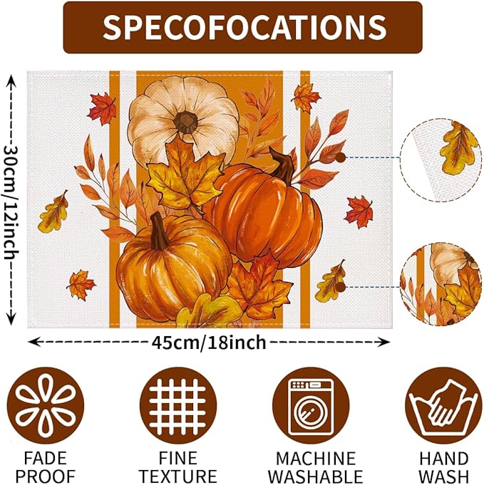 Niviy Pumpkins Thanksgiving Fall Maple Leaves Placemats Set of 4, 12x18 Inch Autumn Thanksgiving Indoor & Outdoor Table Mats for Holiday Party Kitchen Dining Room Decoration