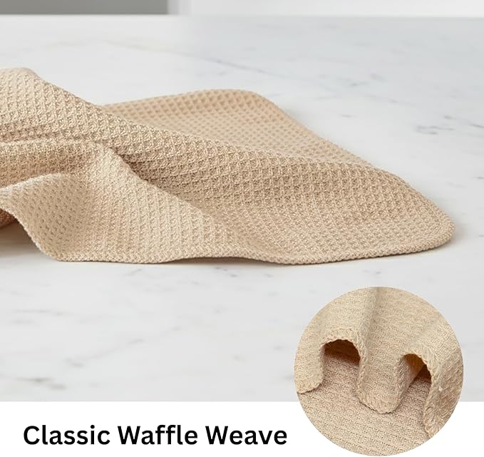 PurpleEssences Dish Cloths and Dish Rags - 6 Pack Waffle Weave Solid Kitchen Dish Wash Cloths, 100% Cotton, 12x12 Inches, Ultra Soft Absorbent Quick Drying - Spring Easter Summer - Beige
