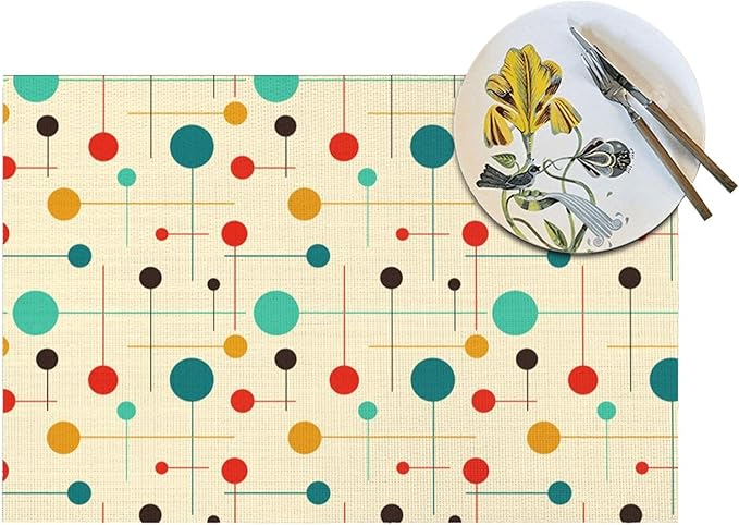 Mid Century Modern Placemats Set of 4, Washable Yellow Retro Table Mats for Kitchen Dining Table Outdoor Holiday Party Home Decor, Heat Resistant Linen Place Mats 12"x18"