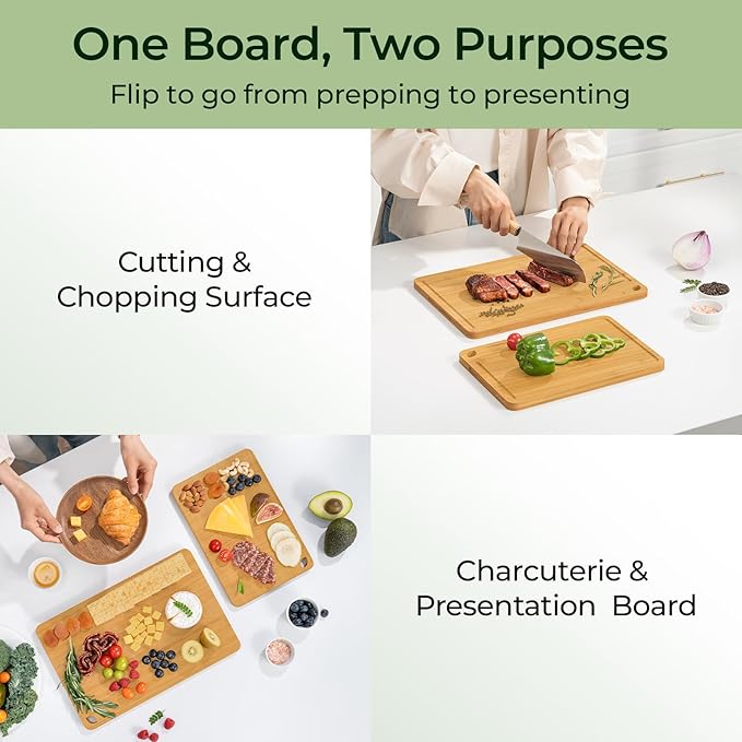 Keechee Chopping Board 2-Pcs Natural Bamboo Cutting Board With Juice Channels & Knife-Friendly Finish For Versatile Kitchen Use, Ideal Charcuterie & Chopping Multi-Use