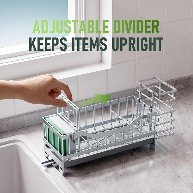 Sponge Holder for Kitchen Sink, Kitchen Sink Caddy with Long-Handled Dish Brushes Holder, 304 Rustproof Stainless Steel Countertop Organizers and Storage, Home Kitchen Sink Accessories(Silver)