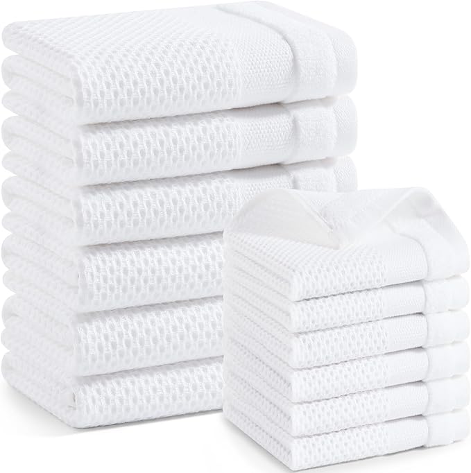 Homaxy Kitchen Towels and Dishcloths Set, 12 x 12 and 13 x 28 Inches, Set of 12 100% Cotton Waffle Weave Kitchen Towels, Super Soft and Absorbent Dish Cloths, White