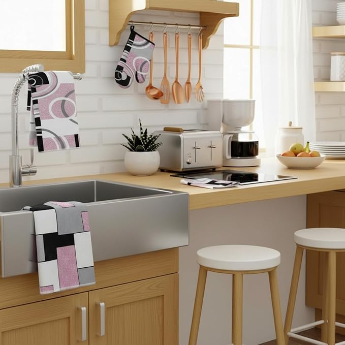 Jingmore 6 Pcs Kitchen Decor Set Accessory Farmhouse Kitchen Towels Pot Holders Oven Mitts Set 2 Dish Towels 2 Pot Holders 2 Cooking Mittens Oven Glove for Cooking (Pink, White, Black,Geometric)
