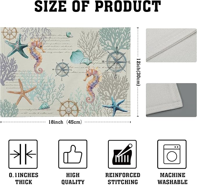 Nautical Placemats Set of 4 Starfish Sea Shell Beach Theme Ocean Coral Washable Non-Slip Heat Resistant 12×18 Inch Seasonal Summer Linen Fabric Table Mat for Party Kitchen Dining