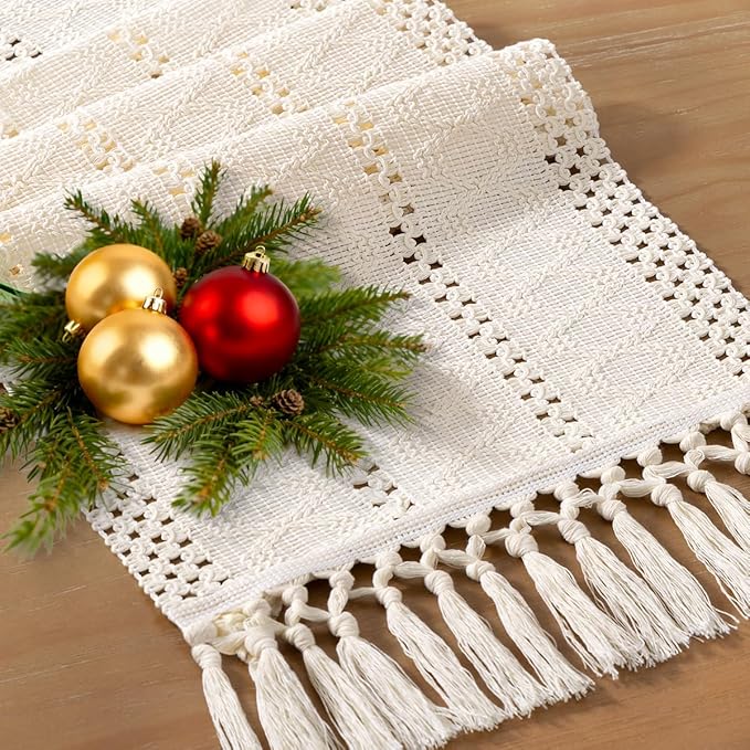 Socomi Boho Table Runner Macrame Easter Spring Farmhouse Woven Cotton Linen Rustic Coffee Table Runner with Tassels for Small Dresser Scarf Home Decor Dining Room 12x72 inch Cream Ivory