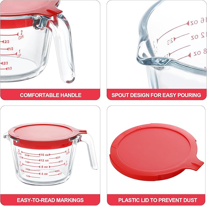 KOMUEE 4 Piece Glass Measuring Cups Set, 5 Oz, 1-Cup, 2-Cup, 4-Cup Liquid Measuring Cups with Lids for Kitchen, Freezer and Microwave Safe