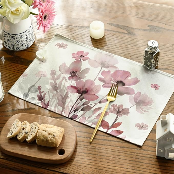 Artoid Mode Pink Florals Poppy Spring Placemats Set of 4, 12x18 Inch Seasonal Summer Holiday Table Mats for Party Kitchen Dining Decoration