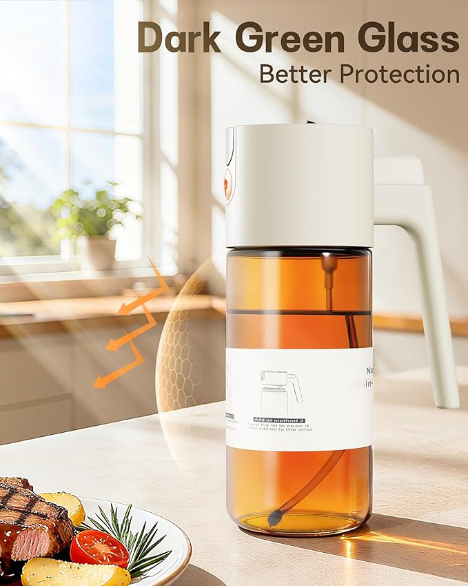 OURCABECUE Upgrade 2 in 1 Oil Sprayer for Cooking, 17oz Light-Blocking Glass Olive Oil Dispenser Bottle for Kitchen,Food-Grade Oil Mister with 8 Stickers for Salad, Frying (Brown Bottle-White Cap)