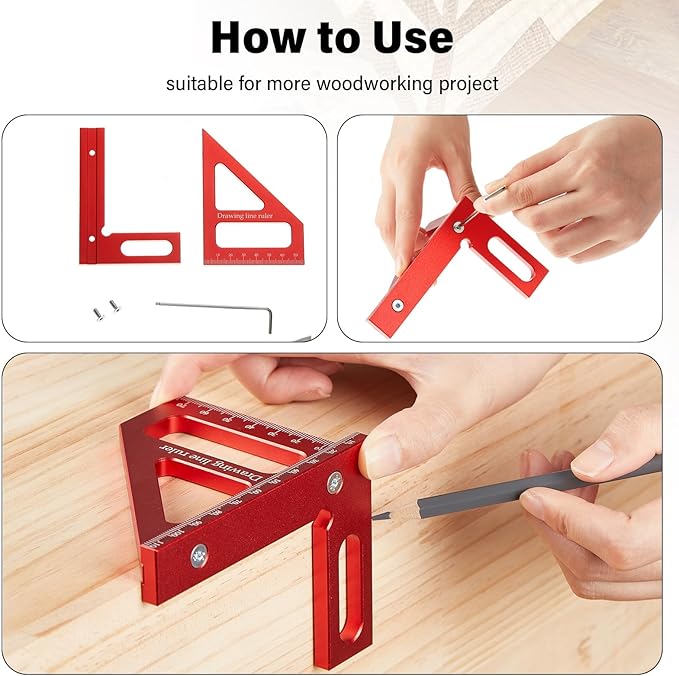 4 Pcs Woodworking Ruler, Metal Precision Pocket Rulers 12, 8, 6 Inch with 3D Multi Angle Measuring Ruler 45/90 Degree for Precision Measuring Marking Inch and Metric