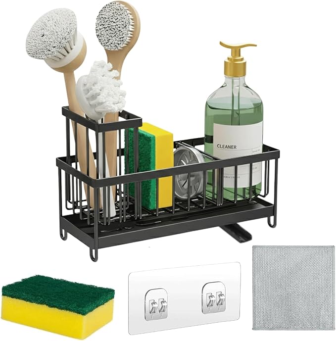 5 in 1 Sponge Holder for Kitchen Sink, Rustproof Stainless Steel Sink Caddy with Washing Cloth & Adhesive Hooks, Kitchen Sink Organizer with High Brush Holder and Soap Holder for Kitchen Sink