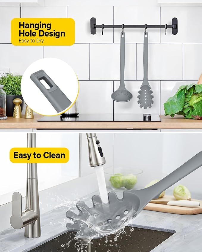 Silicone Pasta Fork and Soup Ladle Set, Heat Resistant Non Stick Kitchen Utensils with Back Hooks, Suitable for Cooking, Stirring, Serving Spaghetti, Soup, Sauce (GRAY)