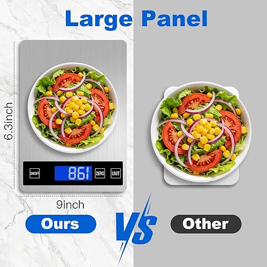 Food Scale, 22lb Digital Kitchen Scale with 1g/0.1oz Accuracy, 5 Units (g/kg/lb:oz/ml/fl.oz), Backlit LCD, 9x6.3x0.8 Inch Stainless Steel Panel, Hidden Hook, Batteries Included