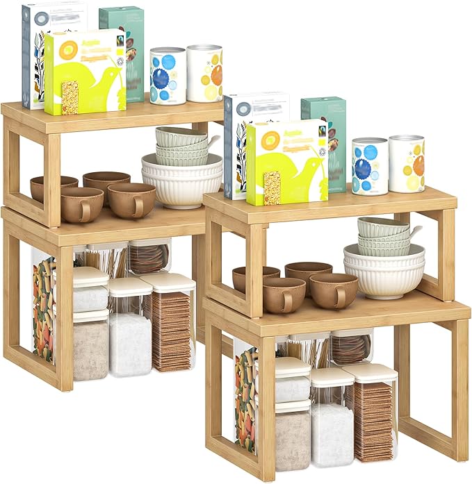 HOOBRO Cabinet Organizer Shelf, Set of 4 Kitchen Counter Shelves, Expandable Kitchen Storage, Stackable Bamboo Spice Rack, for Countertop, Office Desk, Living Room, Natural YL20TLP201