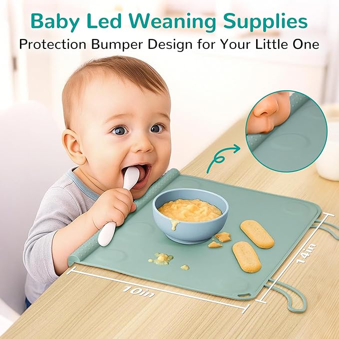 Silicone Placemat for Toddler Eating: Wipe Clean & Roll Up in The Diaper Bag - Table Mat for Restaurant/Travel/On-The-Go