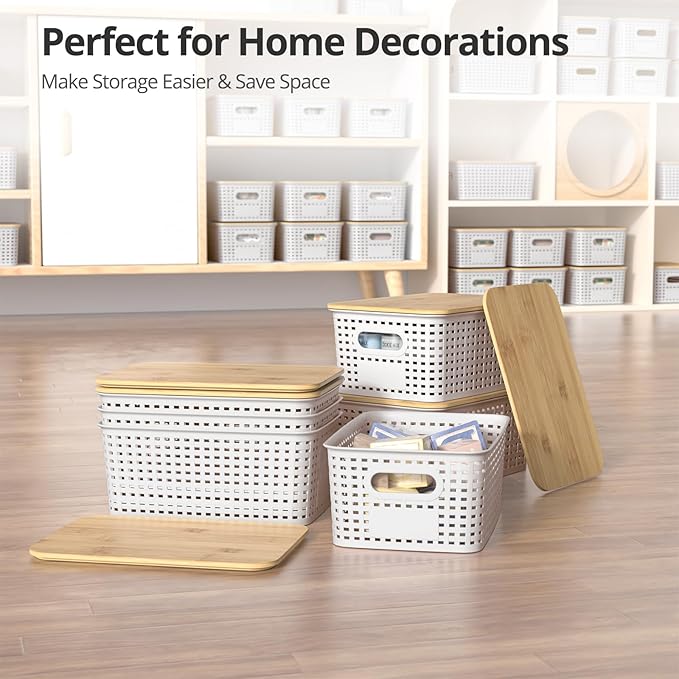 Plastic Storage Baskets with Bamboo Lids, Stackable Small Box Bins for Organizing and Containers for Shelves Drawers Desktop Closet Pantry Classroom Office Home, 6 Pack 10.2x7.2x4.1 Inch, White