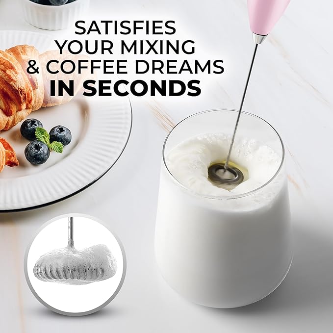 Zulay Kitchen Powerful Milk Frother Wand - Ultra Fast Handheld Drink Mixer - Electric Whisk Foam Maker for Coffee, Lattes, Cappuccino, Matcha & Creamer - Innocent Pink