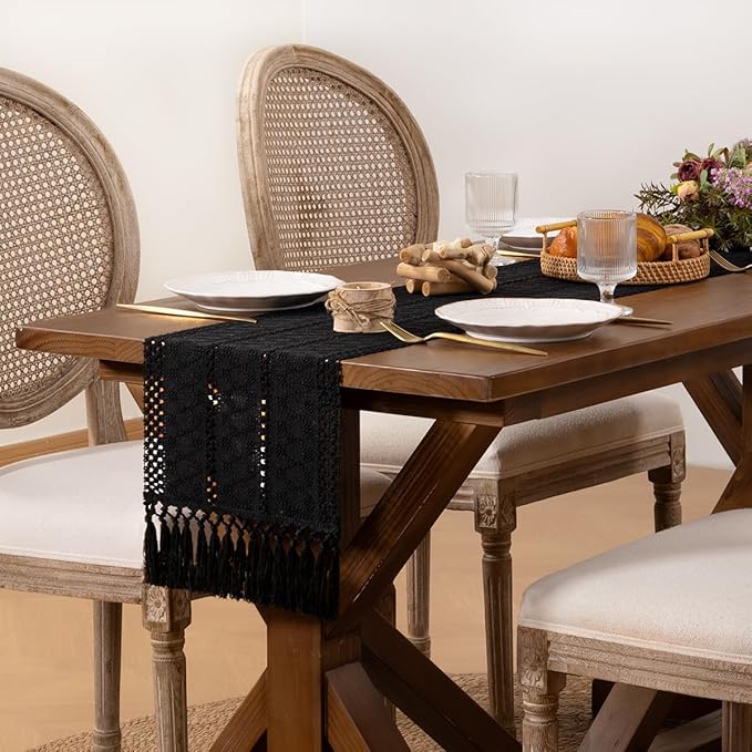 DeZerlor Boho Macrame Table Runner Spring Easter Farmhouse Woven Small Table Runner with Tassels 36 Inches Halloween Black Cotton Linen Kitchen Table Decor for Dining Dresser Home Tea Table Decor
