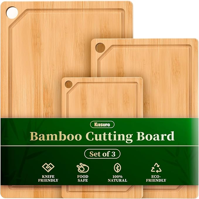 Kitchen Cutting Board Set - 3-Piece Wooden Cutting Boards for Kitchen with Juice Groove, Handles, Hang Holes, Stylish Kitchen Essentials for Chpping & Serving, Natural, 0.4"Th - (L+M+S)