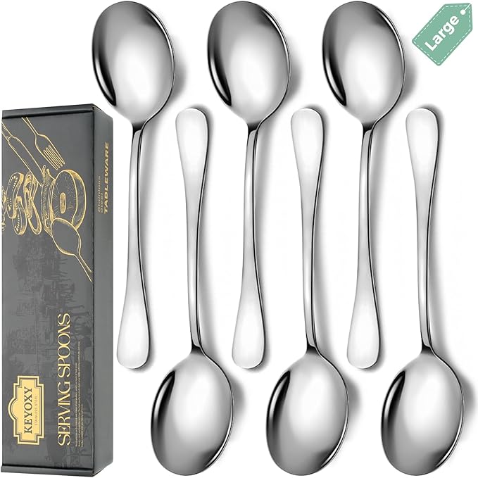 Stainless Steel Serving Spoons Set, 6pc, 10-Inch, Includes 6 Large Spoons, for Parties/Kitchen/Buffet/Catering, Dishwasher Safe