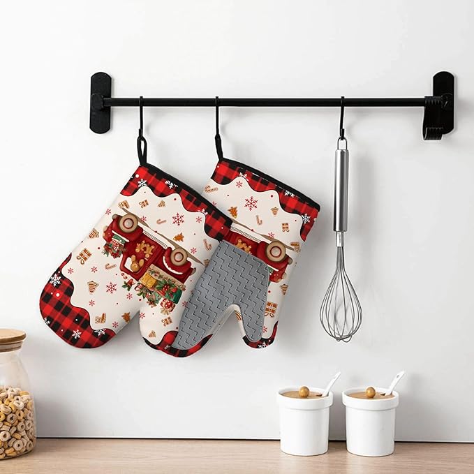 Christmas Gingerbread Oven Mitts Set of 3, Gingerbread Man Heat Resistant Silicone Non-Slip Kitchen Pot Holders for Baking & Cooking