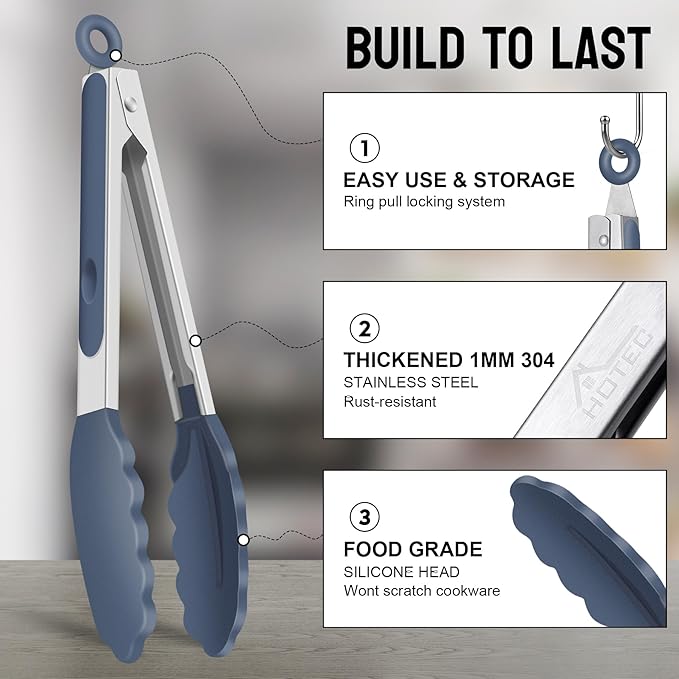HOTEC Premium Stainless Steel Locking Kitchen Tongs with Silicon Tips, Set of 3-7", 9" and 12" (Dusty Blue)
