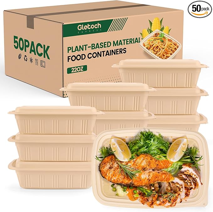 100 Piece (50 Pack) Food Containers with Lids, 22 oz Meal Prep Containers Reusable Cornstarch Plant-based Lunch Box BPA Free Small Plastic Disposable Take Out Boxes for Salad Microwave & Freezer Safe