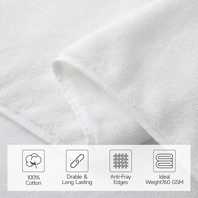 REDKISS 4 Pack Large Bath Towels Set, 100% Cotton, 31x63 in, Heavyweight 760G, Highly Absorbent & Quick Dry, Super Soft Luxury Towels for Bathroom,Hotel Collection - White