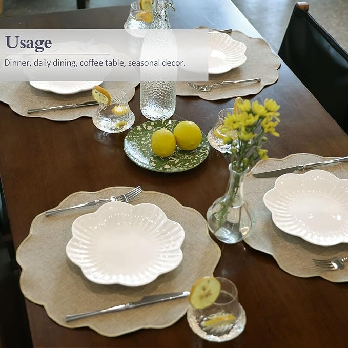 AHHFSMEI Round Faux Linen Placemats Set of 8 Heat Resistant Non-Slip Stain Proof Table Mats for Kitchen Dining Elegant Decor Place Mats (Linen Beige,8)