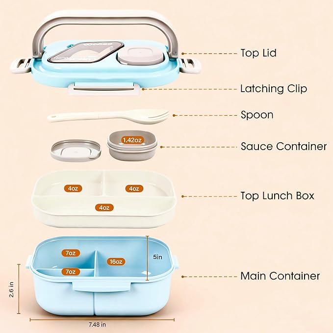 PEDECO Lunch Containers Bento Box Set for Adults & Kids with Insulated Bag, Leakproof 3-Compartment and 2-Tier Stackable Container with Portable Sauce Pod, Microwave/Dishwasher Safe, BPA-Free (Blue)