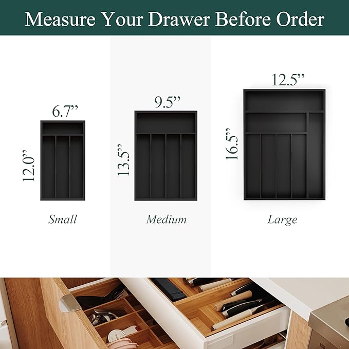 Bamboo Silverware Organizer, Kitchen Drawer Organizer, Utensil Holder, Cutlery Tray & Spoon Flatware Storage with Grooved Drawer Dividers (Black, 12.5''W x 16.5''D)