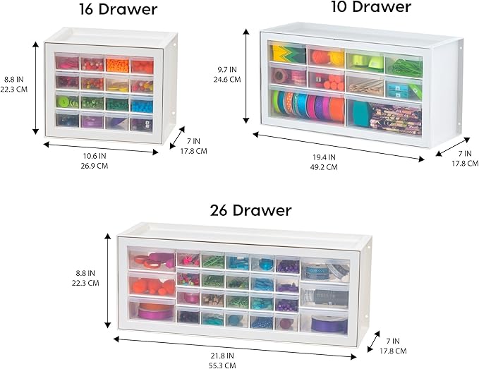 IRIS USA Small Plastic Storage Drawers, Made in USA, 10-Drawer Organizer (2 Pack), Stackable Teacher Toolbox for Crafts, Beads, Screws, Building Bricks, Drink Mix & Water Flavor Packets – White