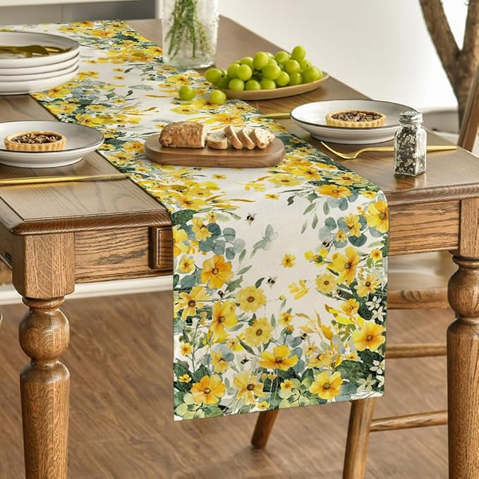 Artoid Mode Daisy Eucalyptus Leaves Spring Table Runner,Seasonal Summer Butterfly Kitchen Dining Table Decoration for Home Party Decor 13x90 Inch