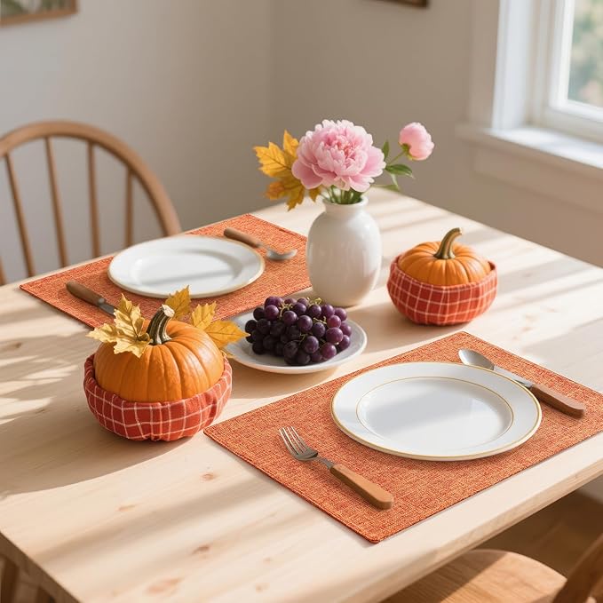 Homaxy Cloths Placemats for Dining Table Set of 4, Heat Resistant Washable Cotton Linen Blend Table Mats, Easy to Clean Place Mats for Indoor Outdoor Party Kitchen Decoration, 13" x 19", Orange