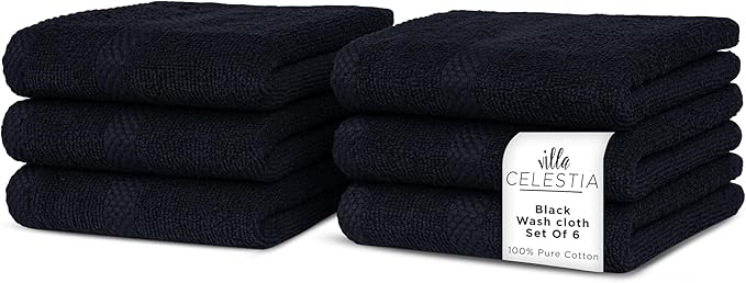 100% Cotton Wash Cloth for face & Body Set of 6, (12 x 12 inches) Sustainable, Soft, Highly Absorbent, Combed Cotton Wash Cloths Pack of 6 for Hotels, Spa, Bathroom, Dorm, Black