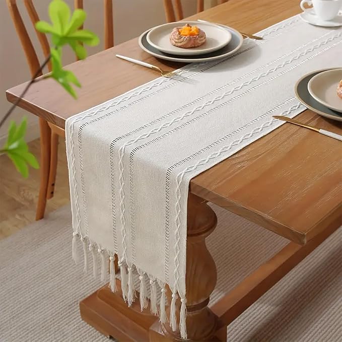 Niviy White Table Runners 90 Inches Long with Tassels, Ivory Embroidered Table Runner Farmhouse Rustic Linen Runners for Dresser Scarf Home Decor (White, 12"×90")