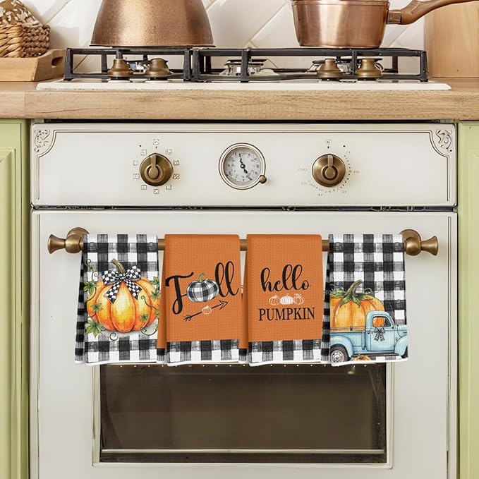 4 Pcs Hello Pumpkin Fall Kitchen Towels, Truck Soft Absorbent Tea Hand Towel, Microfiber Dish Cloths for Drying Dishes, Fall Waffle Dish Towels for Kitchen Bathroom Home, Autumn Gifts for Women Mom