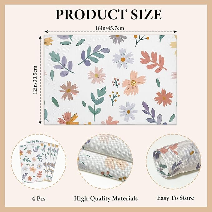 Cotton Linen Waterproof Placemats Set of 4, Daisy Floral Dining Mat Table Mats Decor Fabric for Kitchen Dinner Coffee Shop Table, Indoor/Outdoor Washable Wipeable Placemat -N023