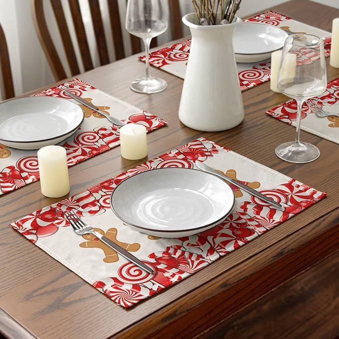 Ansouyi Placemats Set of 6, Christmas Candy Cane and Gingerbread Man Washable Heat Resistant Linen Table Mats, Kitchen Decor Non-Slip Place Mats for Party Dining, 12x18 Inch