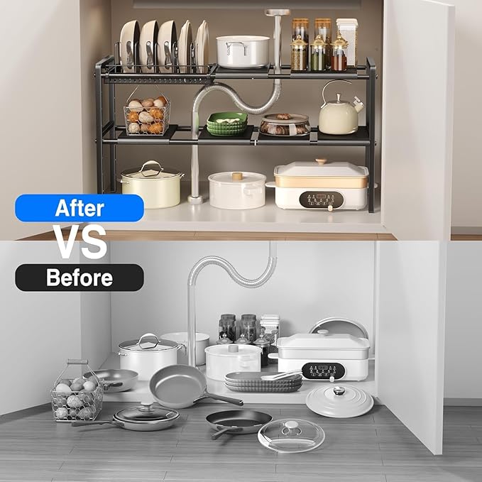 Mustorn Pots and Pans Organizer Under Cabinet, Expandable 2 Tier Under Sink Organizers and Storage Adjustable Height Kitchen Pot and Pan Lid Holder Rack with 6 Dividers(6panels,1 Pot rack, Black)