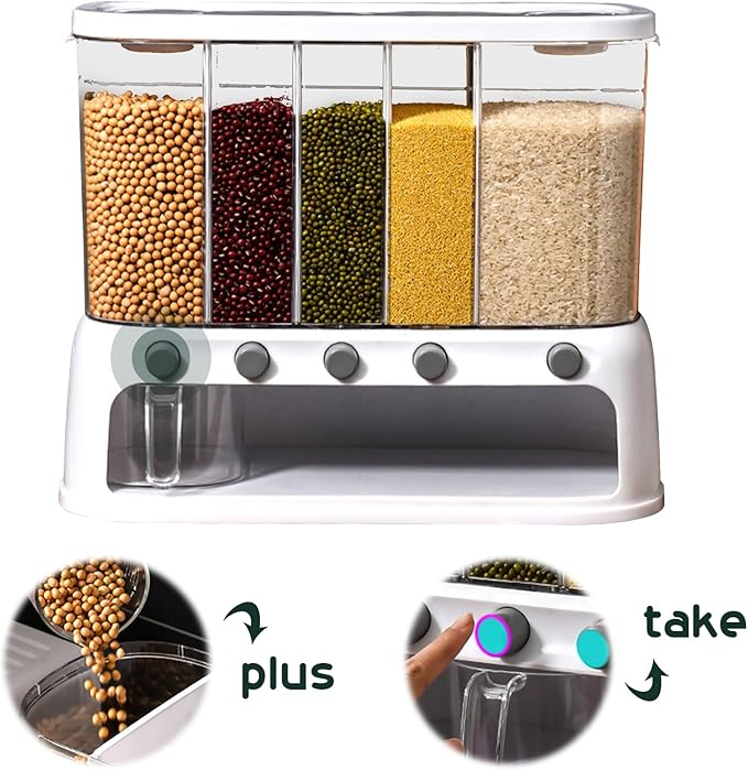 Grain Storage Container Dispenser | 12L/25Lbs Rice Dispenser | Counter Top Cereal Grain Food Dispensers | Dispensador de Granos para Cocina | Kitchen Storage Containers With Measuring Cup For Grains S
