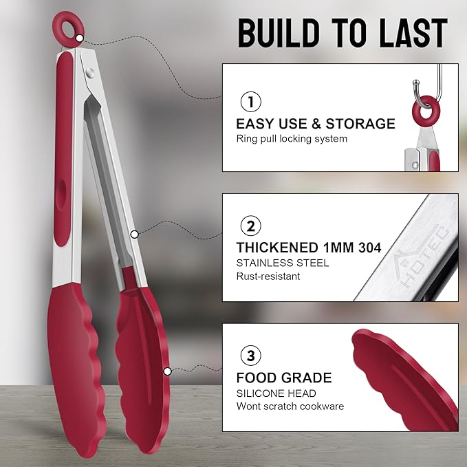 HOTEC Premium Stainless Steel Locking Kitchen Tongs with Silicon Tips, Set of 3-7", 9" and 12" (Red)