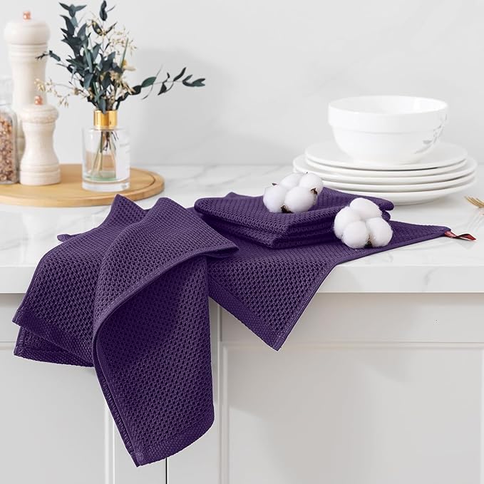 Kitinjoy 100% Cotton Kitchen Towels and Dishcloths Set, 8 Pack-13" x 28" and 12" x 12" Waffle Weave Dish Towels, Ultra Soft Absorbent Quick Drying Dish Rags, Eggplant