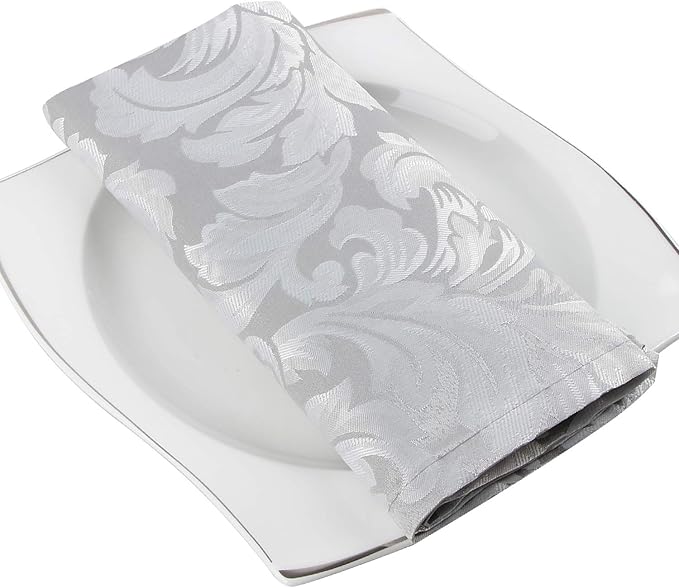 EHouseHome Damask Jacquard Cloth Napkins Waterproof Spillproof Polyester Fabric Napkins,Silver Grey,Set of 4, 17 x 17 Inch