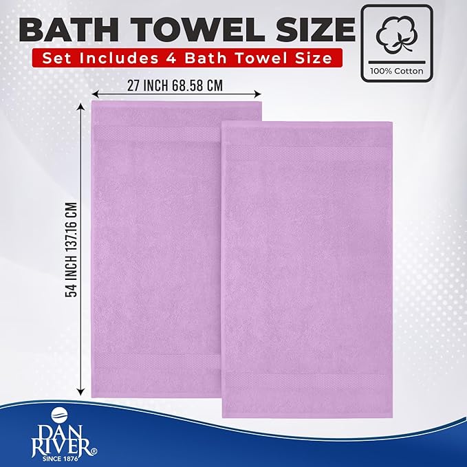 DAN RIVER Bath Towels Set of 4, 27 x 54 Inches, 100% Cotton, Larger & Lighter Weight, Quicker to Dry, Super Soft and Absorbent, Ideal Shower Towel for Daily Use, Lavender