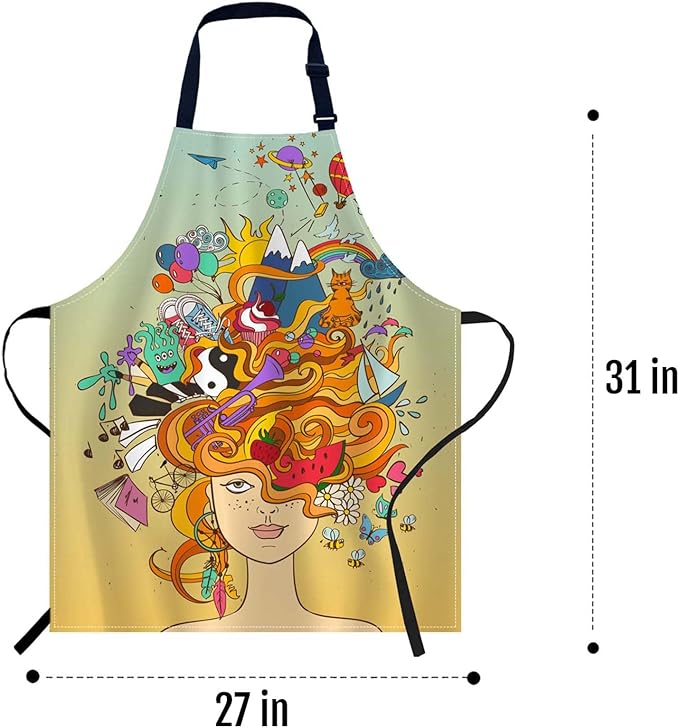 oFloral Psychedelic Girl Apron Adjustable Apron Cooking Kitchen Chef Women Men Aprons for Home Kitchen, Restaurant, Coffee House, Baking Gardening BBQ